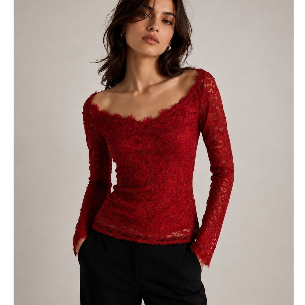 Boston Proper Red Lace Off Shoulder Top Small Romantic Gothic Party Blouse